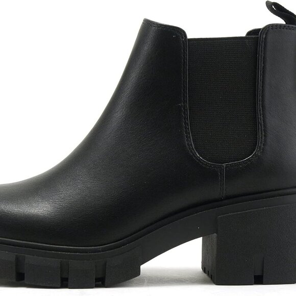 Women Chelsea Ankle Bootie Faux Suede Vegan Leather Lug Sole Block Heel - Picture 1 of 5